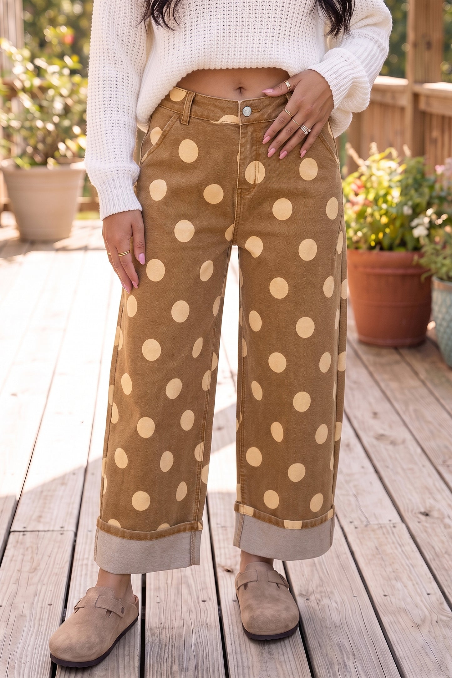 Brown Polka Dot Ankle-Length Metal Button Casual Jeans