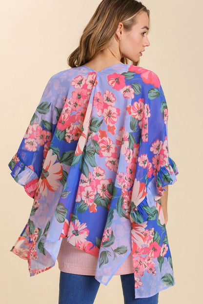 Kimono holgado con manga 3/4 y volantes con estampado floral 