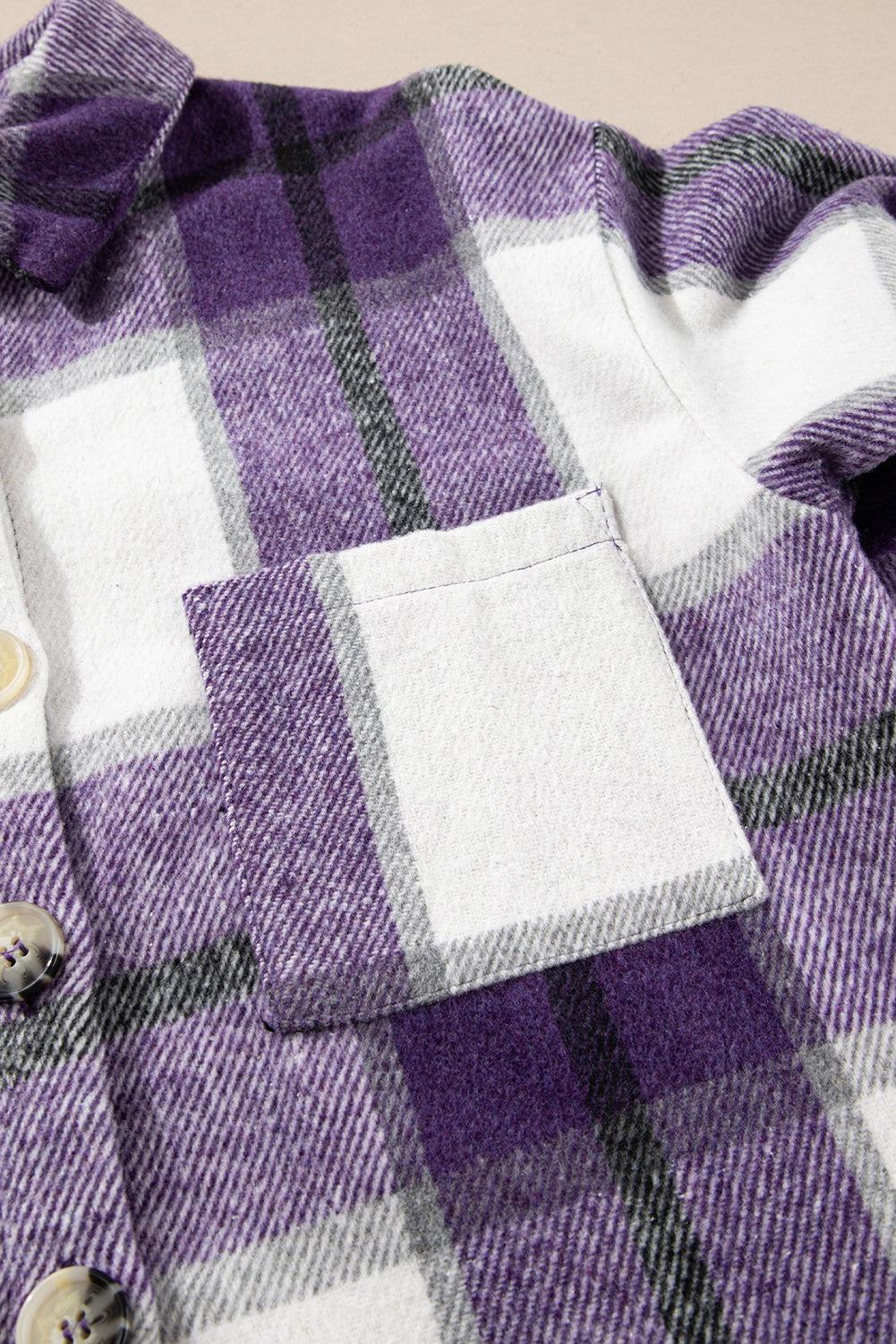Purple Plaid Color Block Buttoned Long Sleeve Jacket with Pocket