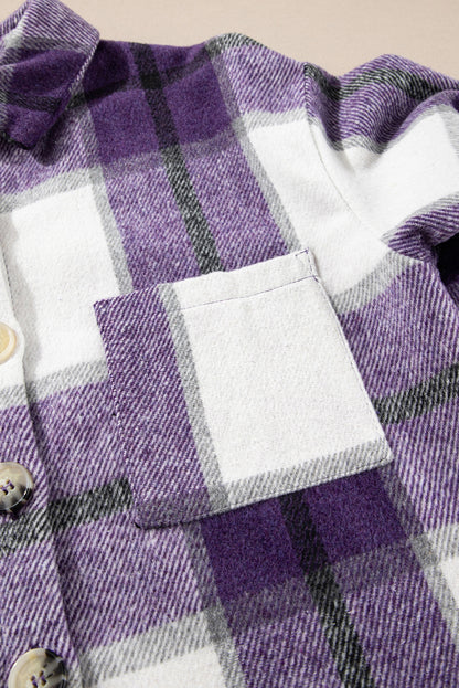Purple Plaid Color Block Buttoned Long Sleeve Jacket with Pocket
