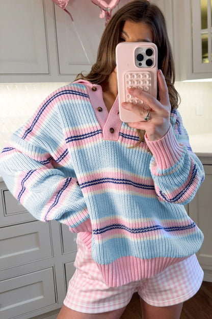 Sky Blue Stripe Striped Button Collar Long Sleeve Shift Fit Winter Knitwear Sweater