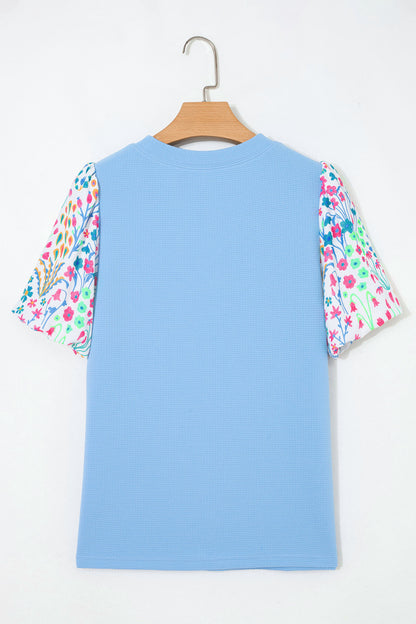 Light Blue Textured Bodice Contrast Floral Sleeve Plus Size Top