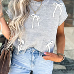 Light Grey Bowknot Applique Cap Sleeve Sweater