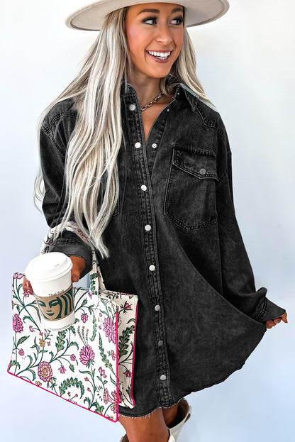 Medium Grey Beau Chest Pocket Raw Hem Denim Loose Shirt Dress