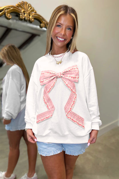 White Floral Bow Decoration Drop Shoulder Long Sleeve Top