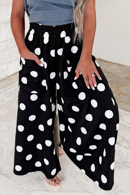 Black Polka Dot Wide Leg Elastic Waist Casual Pants
