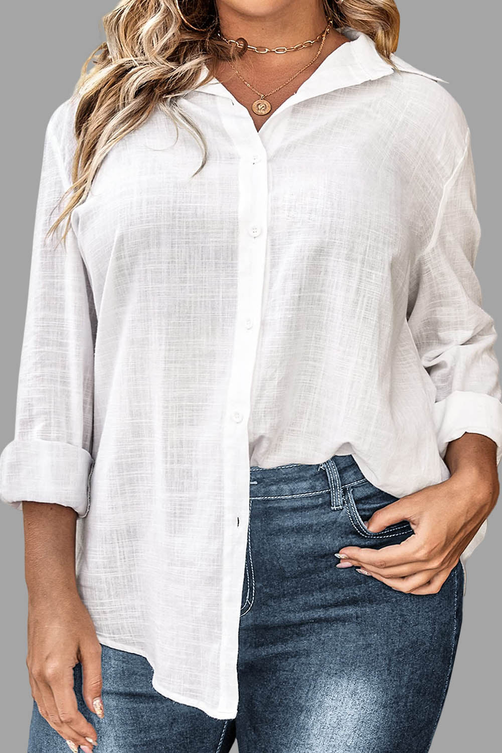 Chemise boutonnée blanche texturée en lin grande taille 
