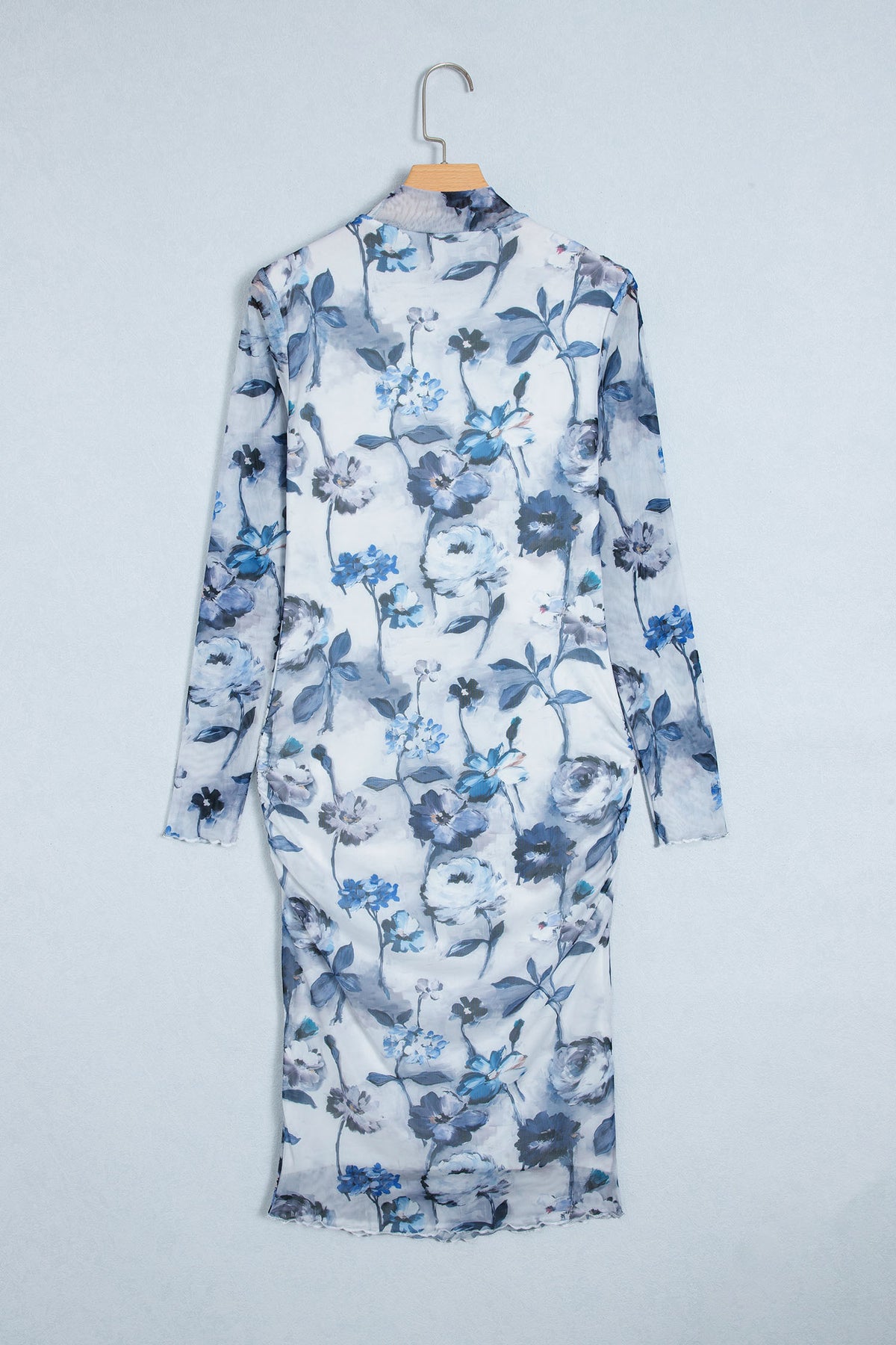 Sky Blue Floral Print Sheath Elegant Long Sleeve Dress