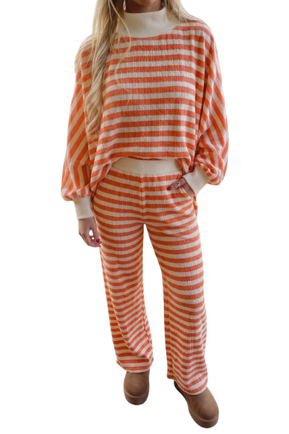 Orange Stripe Textured Contrast High Neck Long Sleeve Top Elastic Waist Pants 2pcs Set