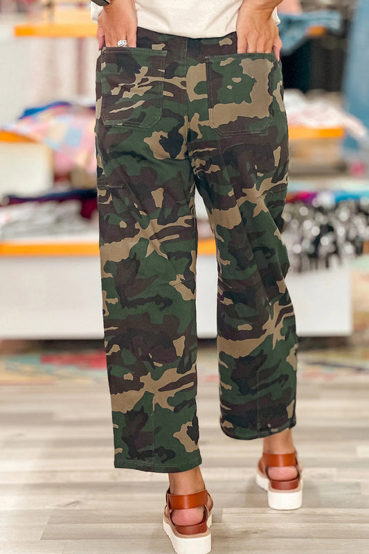 Green Camouflage Print Drawstring Patch Pocket Ankle Length Jeans