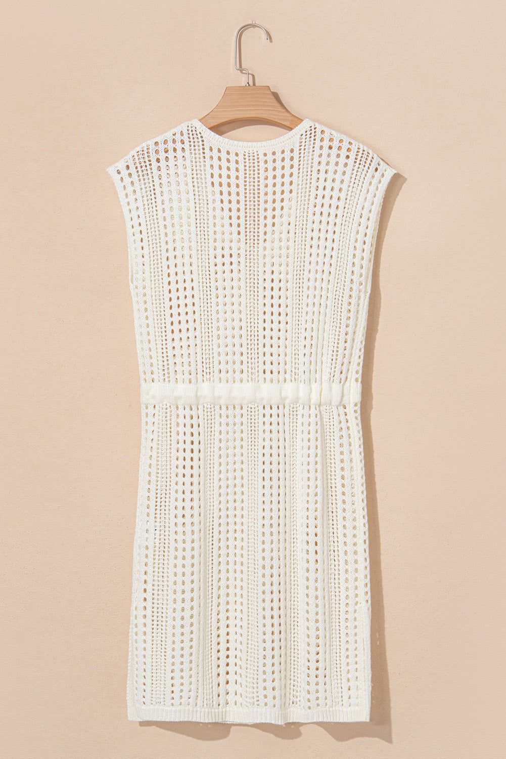 Robe de plage beige en maille ouverte avec cordon de serrage à la taille