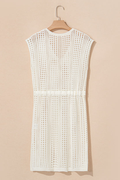 Robe de plage beige en maille ouverte avec cordon de serrage à la taille