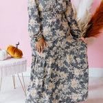 Sky Blue Plus Size Floral Print Split Neck Shirred High Waist Long Sleeve Maxi Dress