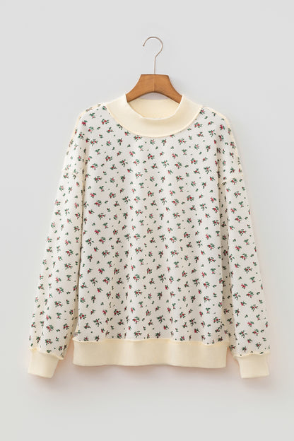 Beige Ribbed High Neck Patchwork Floral Print Baggy Pullover Sweatshirt