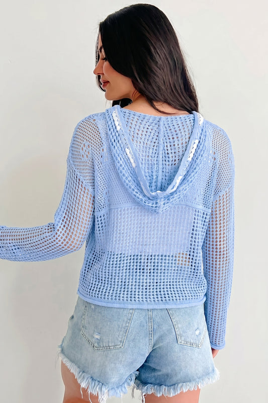 Beau Blue Hollow Out Crochet Knit American Flag Patched Sweater Hoodie