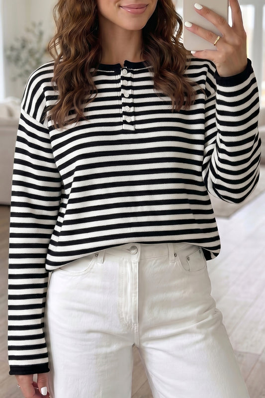 Green Stripe Striped Button Placket Drop Shoulder Long Sleeve Sweater