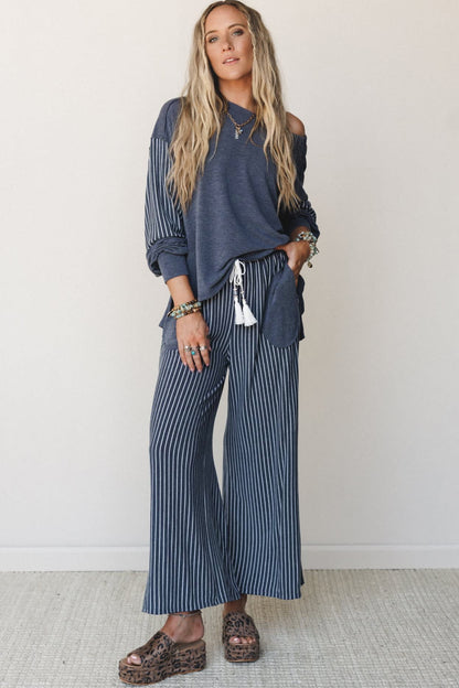 Real Teal Raw Seam Patchwork Long Sleeve Top Pocket Casual Pants 2pcs Set