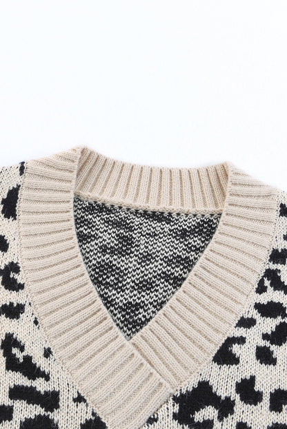 Pull à manches longues kaki à blocs de couleurs léopard