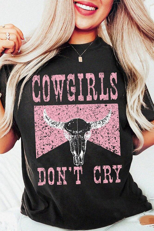 Haut noir à manches courtes avec imprimé tête de bœuf « COWGIRL DONT CRY »
