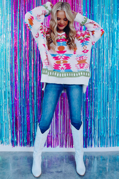 Pull blanc oversize à col en V et imprimé aztèque