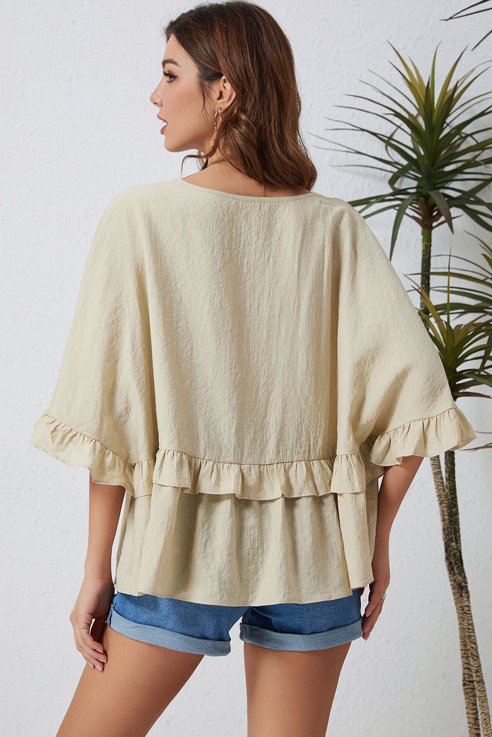 V Neck Draped Batwing Sleeve Ruffle Top