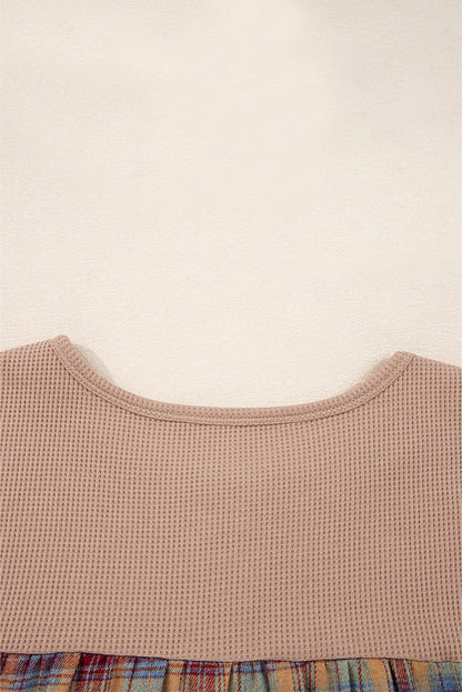 Straw Yellow Waffle Stripe Plaid Patchwork Henley Knit Top