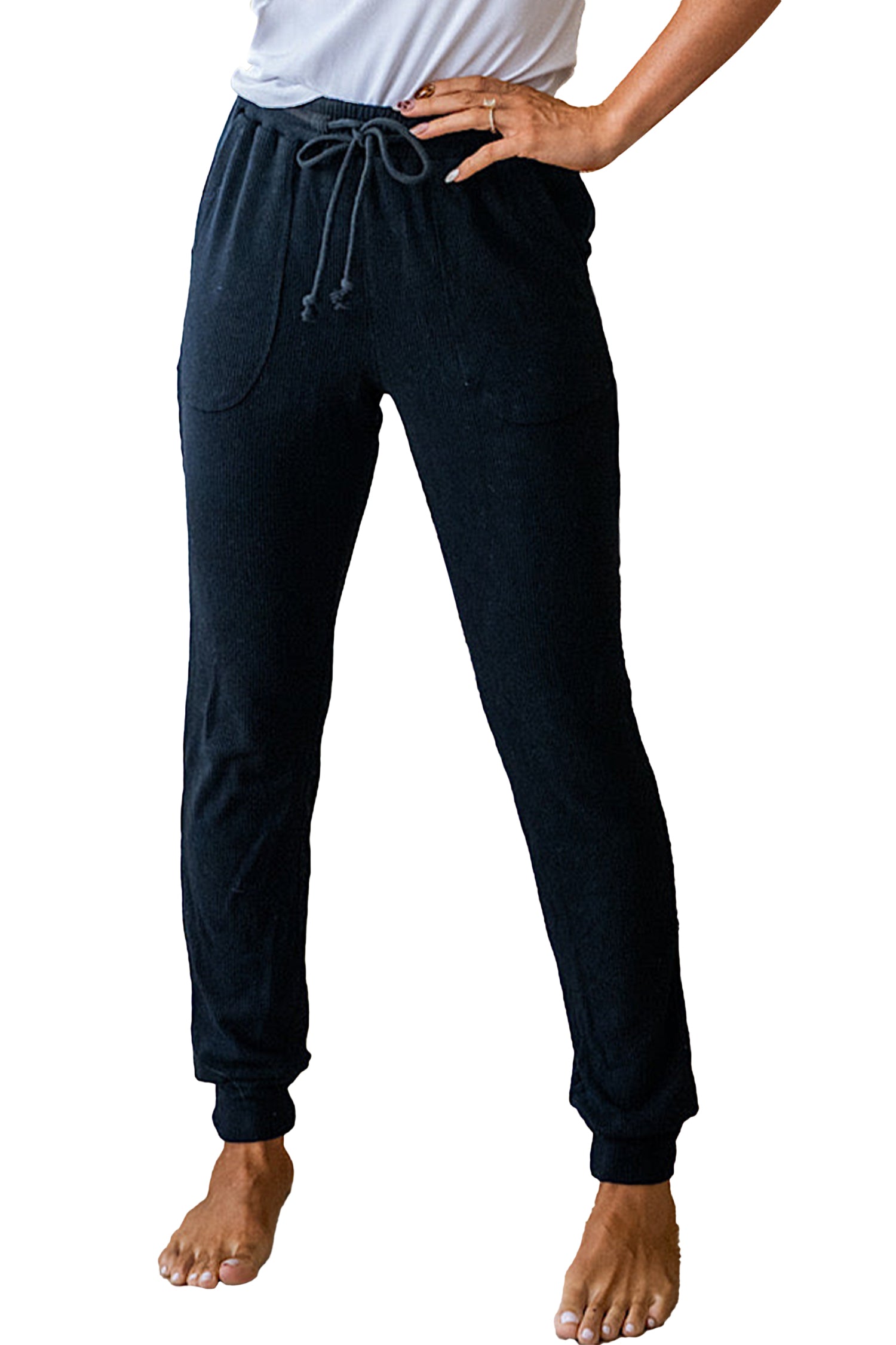 Black Ribbed Drawstring Active Jogger Pants