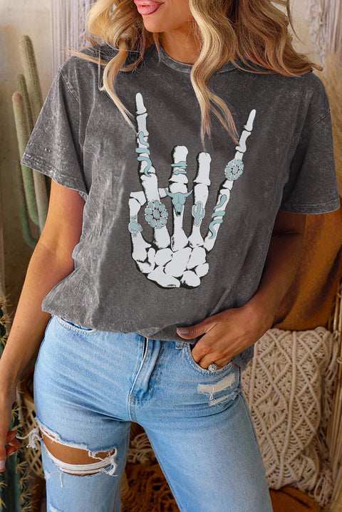 Camiseta negra con gráfico de esqueleto de mano de Halloween occidental vintage