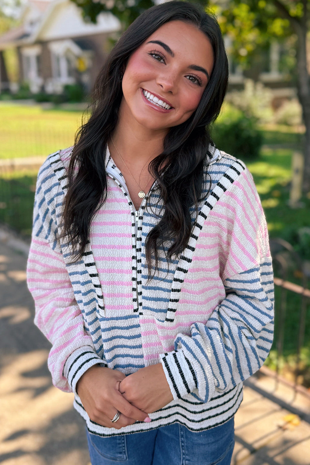 Multicolour Striped Color Block Patchwork Half Zip Drop Shoulder Long Sleeve Top