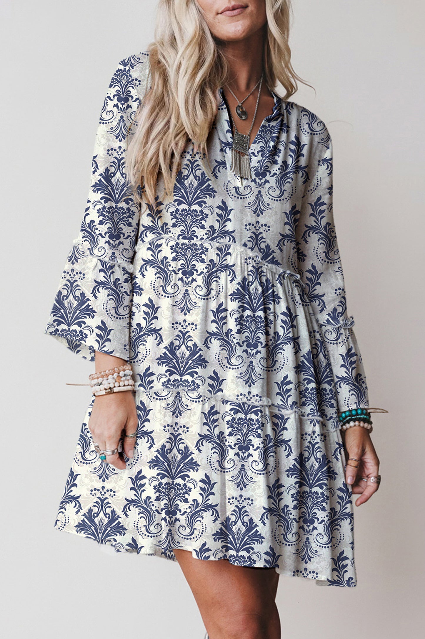Red Boho Floral Print Lettuce Trim 3/4 Sleeve Mini Dress