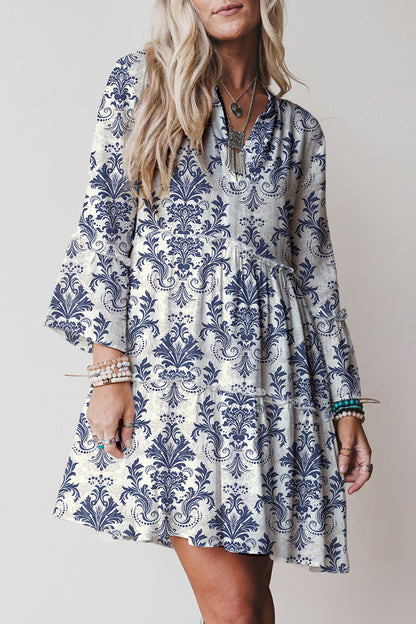 Red Boho Floral Print Lettuce Trim 3/4 Sleeve Mini Dress
