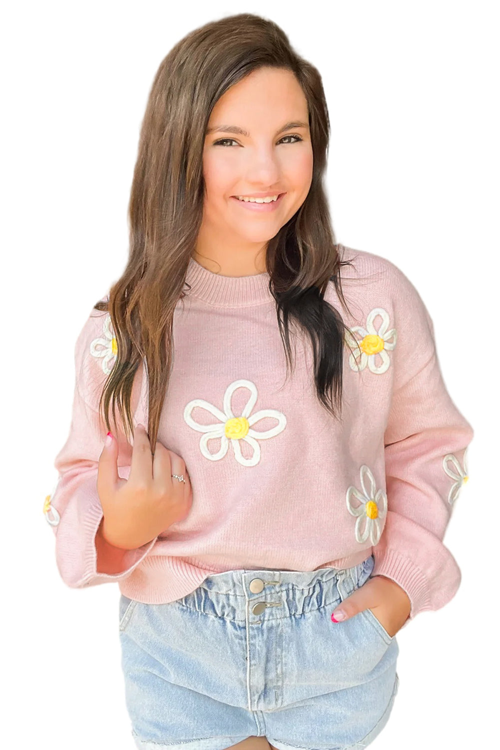 Pull ras du cou rose en chenille avec coutures marguerites 