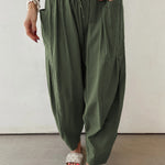 Jungle Green Drawstring Elastic Waist Patch Pocket Barrel Leg Casual Pants