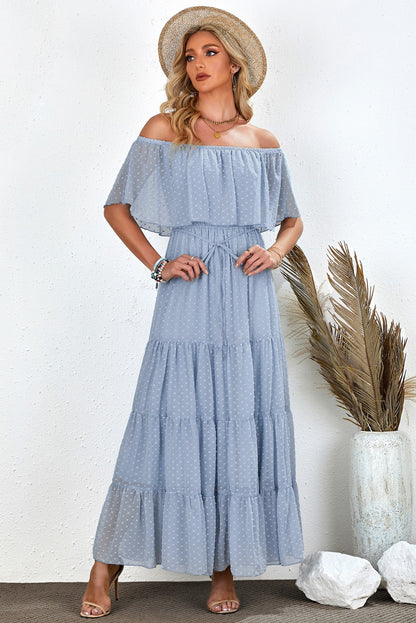 Yellow Yellow Off Shoulder Ruffle Swiss Dot Maxi Dress