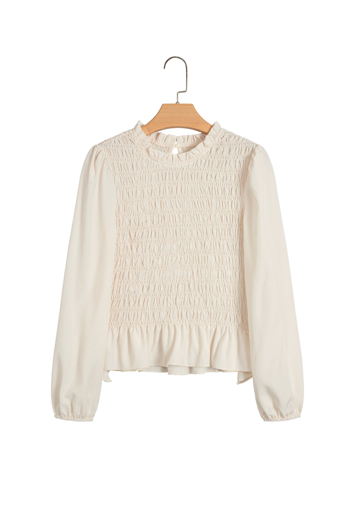 Jet Stream Solid Color Smocked Ruffle Hem Long Sleeve Blouse