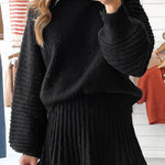 Black High Neck Puff Sleeve Sweater Pleated Mini Skirt 2pcs Knitted Outfit