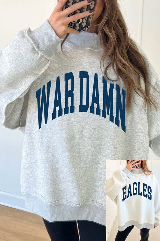 Light Grey WAR DAMN/ EAGLES Double Side Print High Neck Baggy Sweatshirt