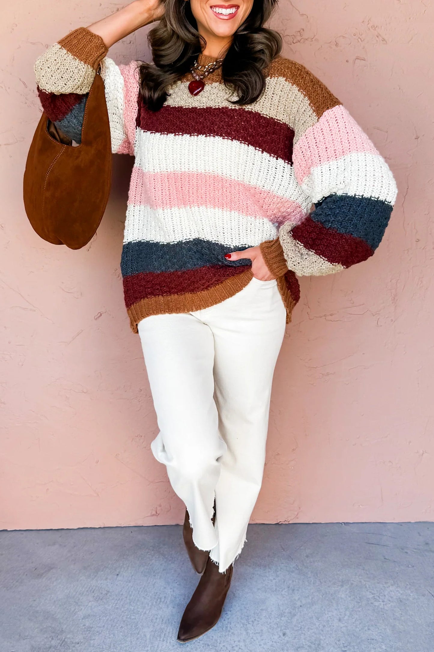 Multicolour Striped Knit Dropped Shoulder Round Neck Pullover Sweater