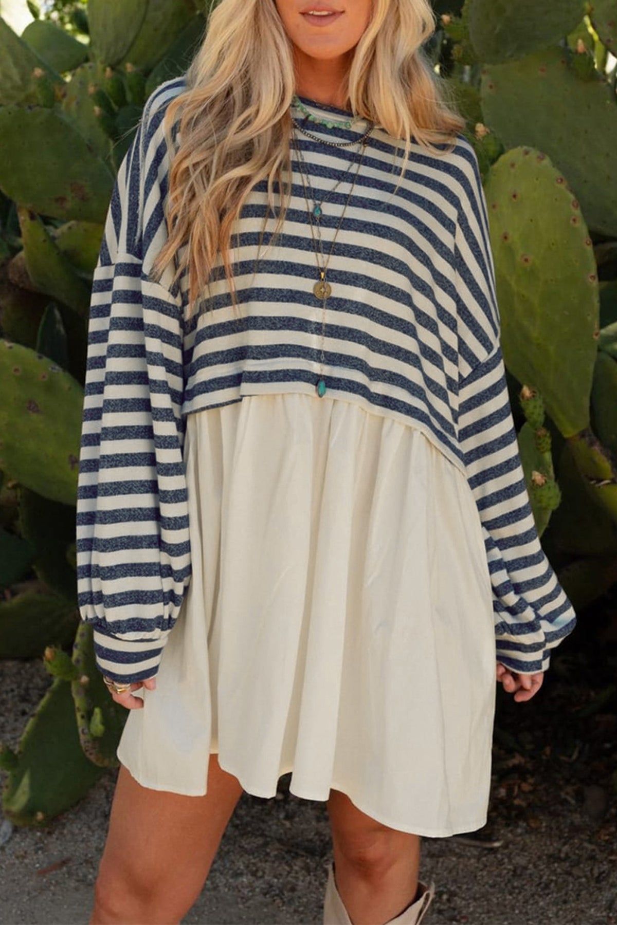 Blue Stripe Long Sleeve Pocketed Patchwork Hem Mini Dress