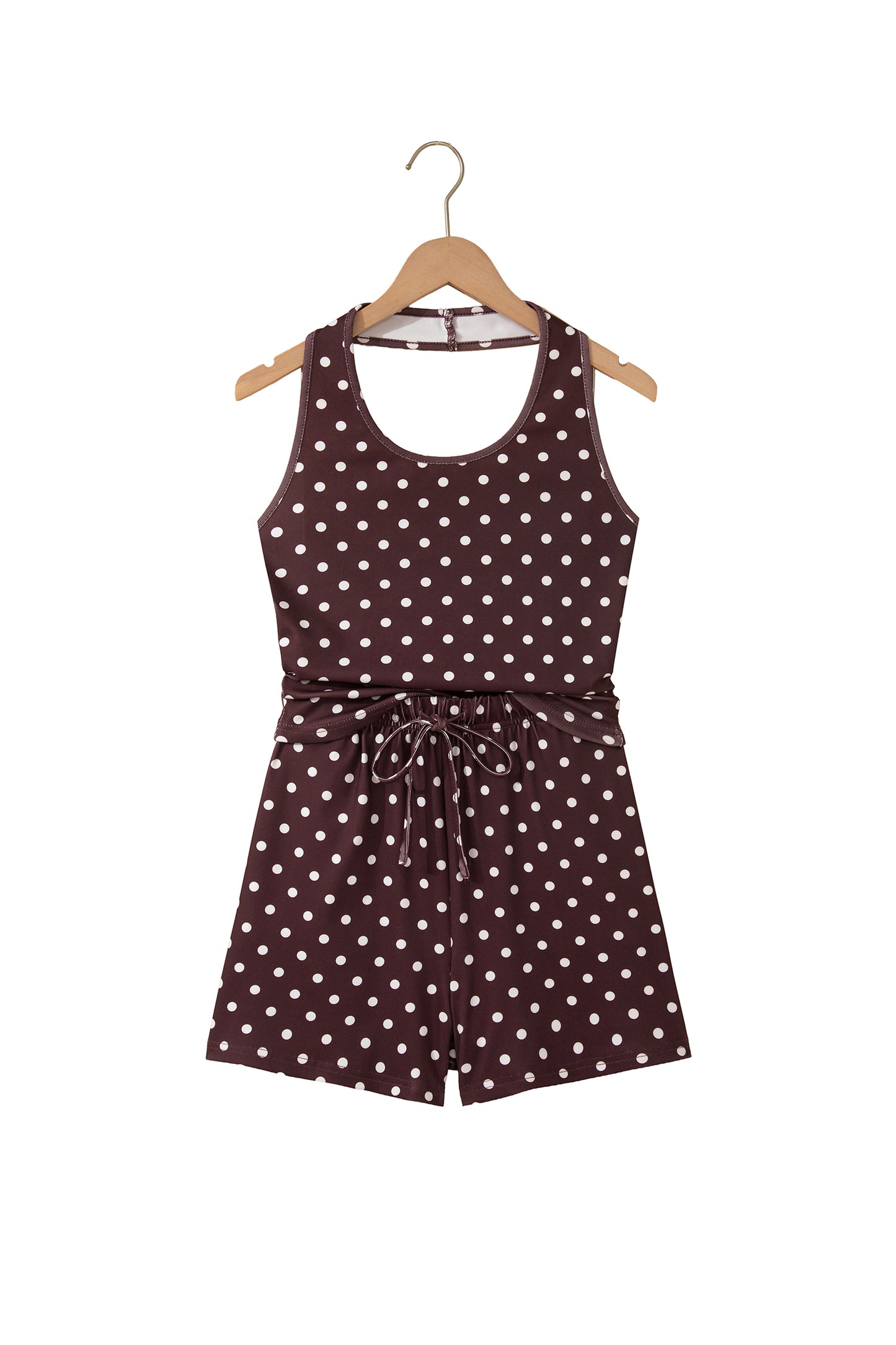 Brown Polka Dot Halter Tank Drawstring Elastic Waist Short Set