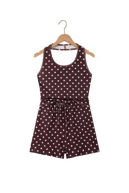 Brown Polka Dot Halter Tank Drawstring Elastic Waist Short Set