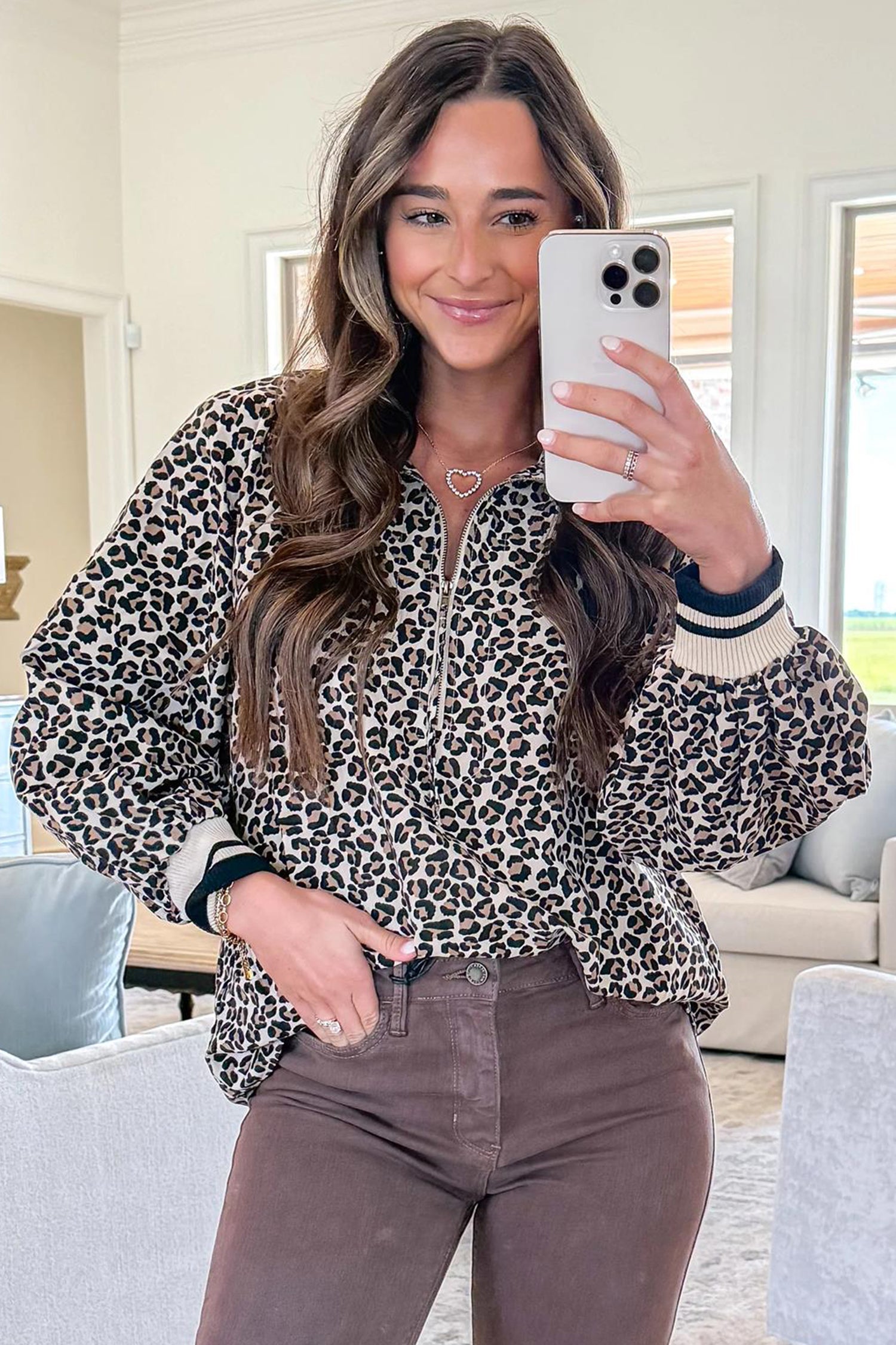 Khaki Leopard Print Half Zip up Blouse