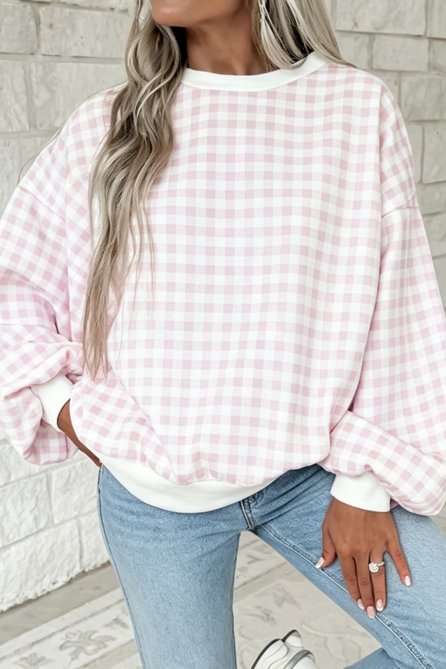 Pink Plaid Round Neck Long Sleeve Sweatshirt