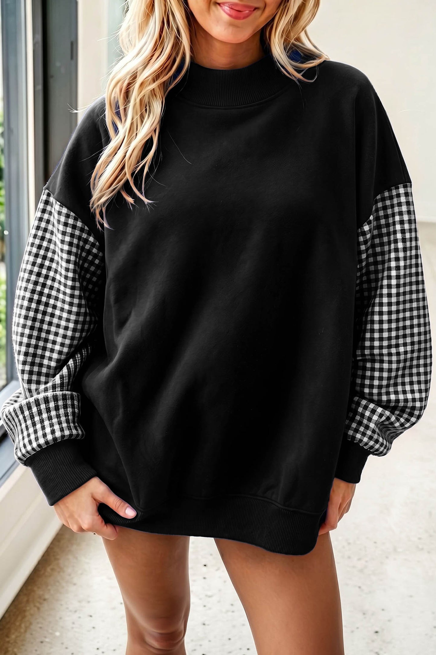 Black Plaid Sleeve Colorblock Loose Tunic Sweatshirt