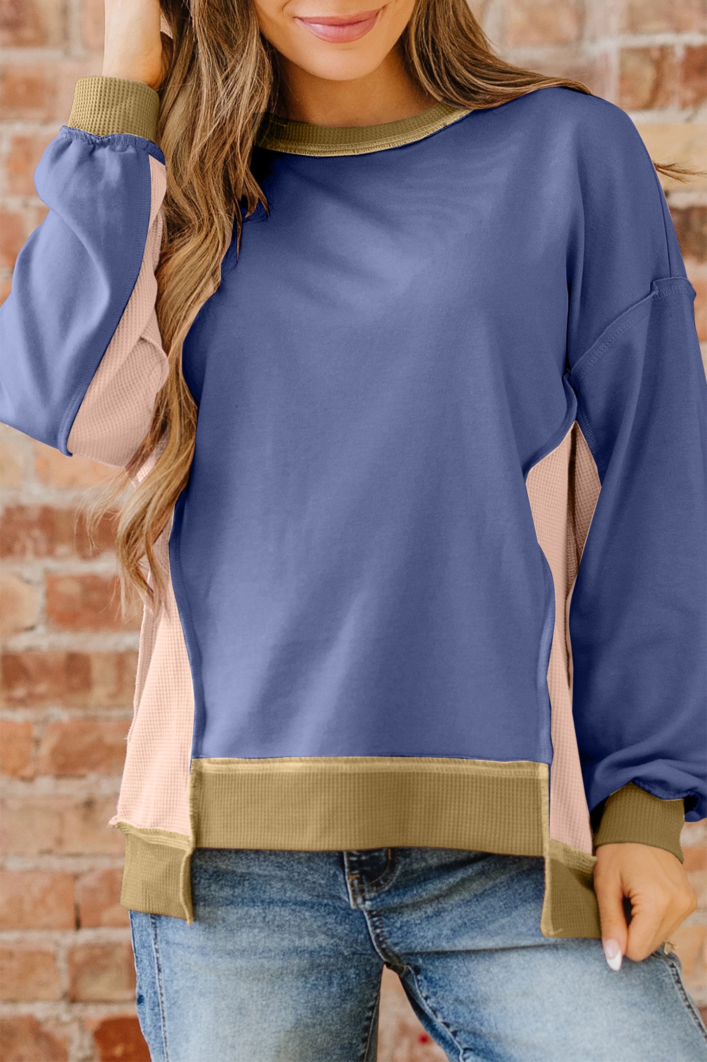 Wild Wind Color Block Mix Texture Waffle Patchwork Oversize Sweatshirt