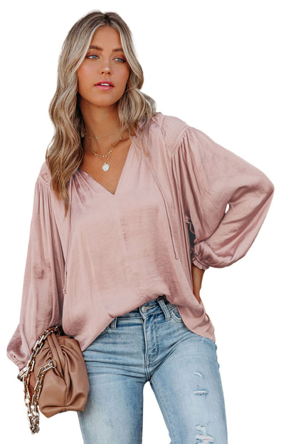 Blusa plisada con cuello en V y cordón en la manga globo rosa 