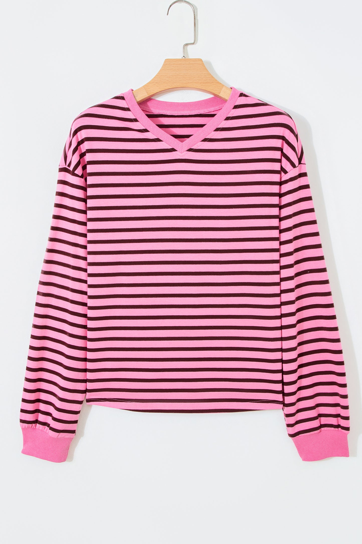Pink Stripe V Neck Long Sleeve Drop Shoulder Blouse