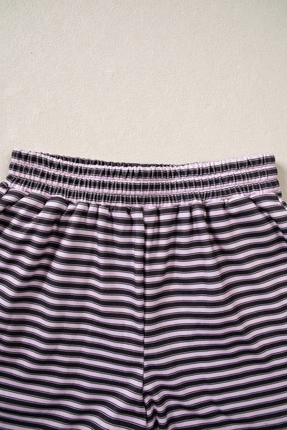 Brown Stripe Long Sleeve Oversized Top Pocketed Casual Shorts Two Piece Set