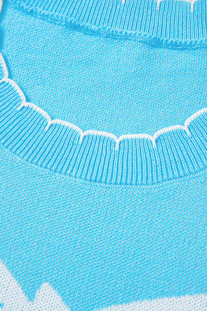 Light Blue Big Ribbon Bow Print Contrast Stitch Trim Drop Shoulder Sweater