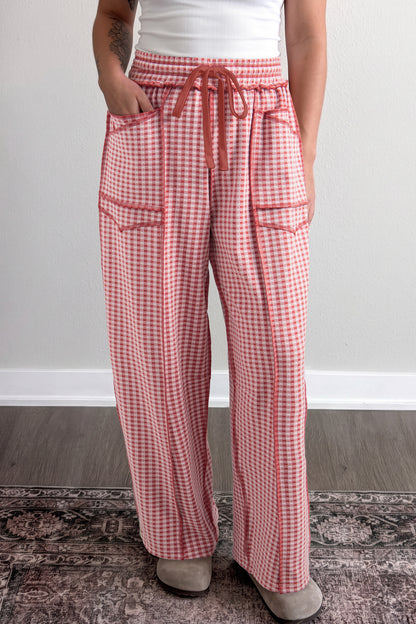 Red Plaid Contrast Trim Drawstring Elastic Waist Shift Pants